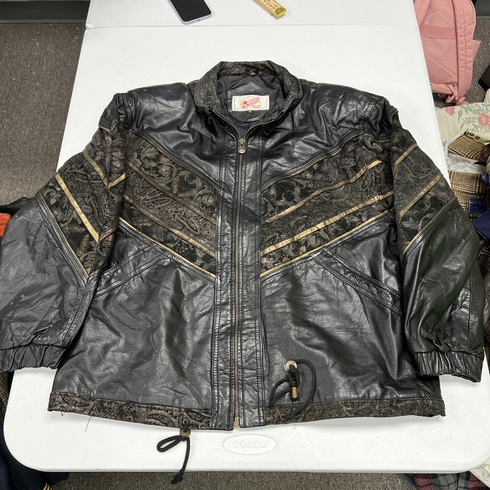Vintage Leather Jacket Womans M Black Gold Paisley Tapestry Bomber F2